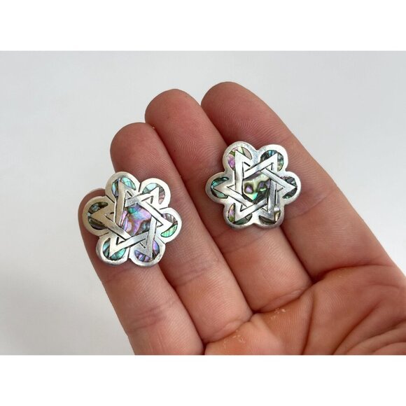 Star of David Abalone Floral Alpaca Mexican Sterling Silver Vintage Screw Studs - Picture 7 of 10